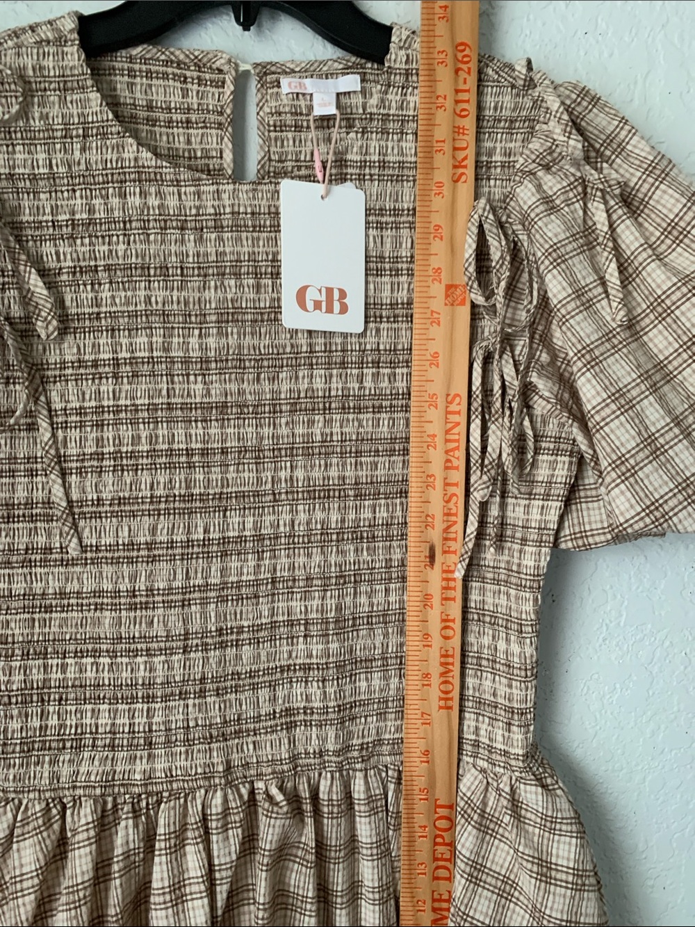 NWT Gianni Bini Beige Plaid Smocked Dress with Puff Sleeves Size L $84 - Picture 7 of 10
